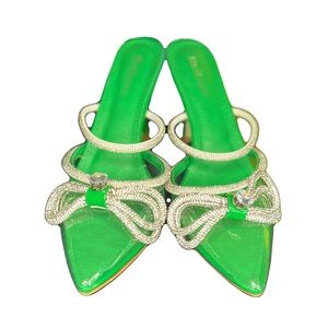Green Clear Rhinestone Pointed Toe Slip On Heels